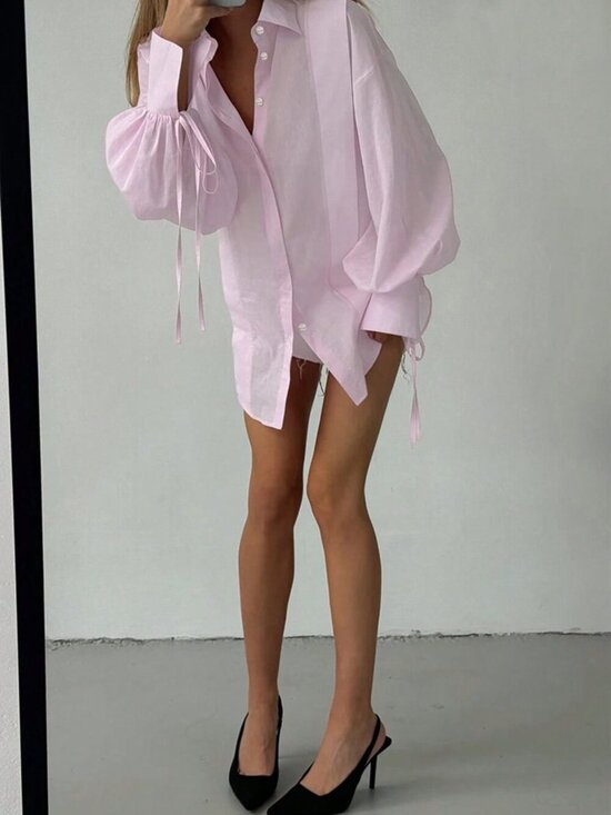 MODA ME COUTURE Tops - Pink Casual Women's Lapel Long Sleeve Tie Front Woven Shirt Blouse